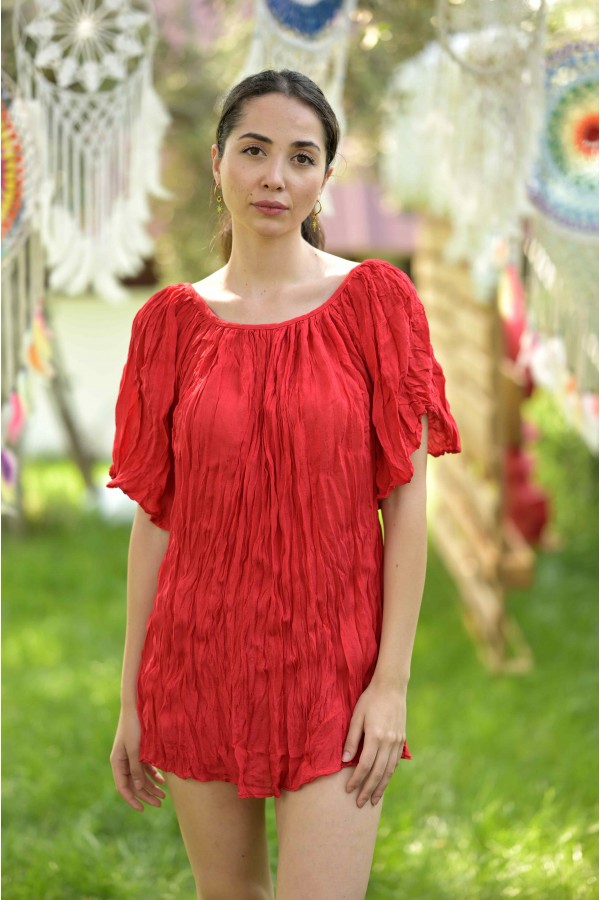 BÜRÜMCÜK KISA KOL BLUZ - KIRMIZI